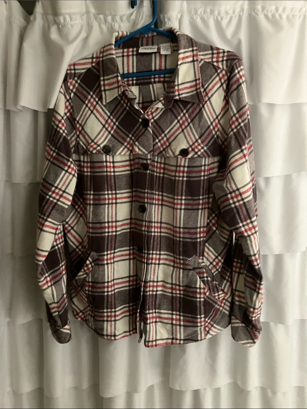Plaid Button-Up Shacket in Brown, Cream & Red